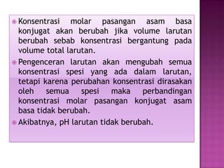  Konsentrasi molar pasangan asam basa
konjugat akan berubah jika volume larutan
berubah sebab konsentrasi bergantung pada
volume total larutan.
 Pengenceran larutan akan mengubah semua
konsentrasi spesi yang ada dalam larutan,
tetapi karena perubahan konsentrasi dirasakan
oleh semua spesi maka perbandingan
konsentrasi molar pasangan konjugat asam
basa tidak berubah.
 Akibatnya, pH larutan tidak berubah.
 