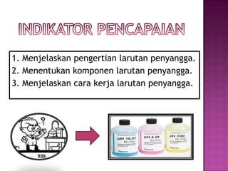 1. Menjelaskan pengertian larutan penyangga.
2. Menentukan komponen larutan penyangga.
3. Menjelaskan cara kerja larutan penyangga.
 