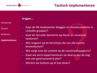 Tactisch implementeren


                Vragen...
Doelgroep

Doelen          +   Gaat de HR-medewerker bloggen en meediscussiëren in
                    LinkedIn-groepen?
Middelen        +   Gaat de recruiter banneren op Hyves en vacatures
Implementeren
                    twitteren?
                +   Wie reageert op de berichtjes die van alle kanten
                    binnenkomen?
                +   Wie zorgt voor de content op de socialmediapagina's?
                +   Gaan we eerst experimenteren en daarna aan de slag
                    met een gestructureerd plan?
                +   Werken we bottom-up of top-down?
 
