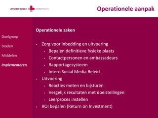 Operationele aanpak


                Operationele zaken
Doelgroep

Doelen          +   Zorg voor inbedding en uitvoering
                     + Bepalen definitieve fysieke plaats
Middelen
                     + Contactpersonen en ambassadeurs

Implementeren        + Rapportagesysteem

                     + Intern Social Media Beleid

                +   Uitvoering
                     + Reacties meten en bijsturen

                     + Vergelijk resultaten met doelstellingen

                     + Leerproces instellen

                +   ROI bepalen (Return on Investment)
 