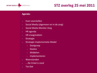STZ overleg 25 mei 2011
Agenda:

+   Even voorstellen
+   Social Media (algemeen en in de zorg)
+   Social Media Monitor Zorg
+   HR agenda
+   HR vraagstukken
+   Strategie
+   Strategie Implementatie Model
     +  Doelgroep
     +  Doelen
     +  Middelen
     +  Implementeren
+   Weerstanden
+   … De Cirkel is rond
+   Tot Slot
 