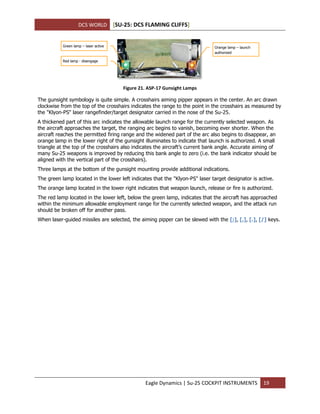 DCS WORLD [SU-25: DCS FLAMING CLIFFS]
Eagle Dynamics | Su-25 COCKPIT INSTRUMENTS 19
Figure 21. ASP-17 Gunsight Lamps
The gunsight symbology is quite simple. A crosshairs aiming pipper appears in the center. An arc drawn
clockwise from the top of the crosshairs indicates the range to the point in the crosshairs as measured by
the "Klyon-PS" laser rangefinder/target designator carried in the nose of the Su-25.
A thickened part of this arc indicates the allowable launch range for the currently selected weapon. As
the aircraft approaches the target, the ranging arc begins to vanish, becoming ever shorter. When the
aircraft reaches the permitted firing range and the widened part of the arc also begins to disappear, an
orange lamp in the lower right of the gunsight illuminates to indicate that launch is authorized. A small
triangle at the top of the crosshairs also indicates the aircraft’s current bank angle. Accurate aiming of
many Su-25 weapons is improved by reducing this bank angle to zero (i.e. the bank indicator should be
aligned with the vertical part of the crosshairs).
Three lamps at the bottom of the gunsight mounting provide additional indications.
The green lamp located in the lower left indicates that the "Klyon-PS" laser target designator is active.
The orange lamp located in the lower right indicates that weapon launch, release or fire is authorized.
The red lamp located in the lower left, below the green lamp, indicates that the aircraft has approached
within the minimum allowable employment range for the currently selected weapon, and the attack run
should be broken off for another pass.
When laser-guided missiles are selected, the aiming pipper can be slewed with the [;], [,], [.], [/] keys.
Green lamp – laser active
Red lamp - disengage
Orange lamp – launch
authorized
 