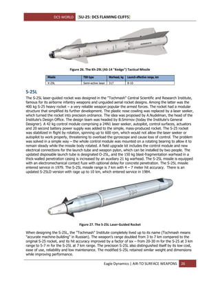 DCS WORLD [SU-25: DCS FLAMING CLIFFS]
Eagle Dynamics | AIR-TO SURFACE WEAPONS 26
Figure 26. The Kh-29L (AS-14 "Kedge") Tactical Missile
Missile TSD type Warhead, kg Launch effective range, km
Х-29L Semi-active laser 317 8-10
S-25L
The S-25L laser-guided rocket was designed in the "Tochmash" Central Scientific and Research Institute,
famous for its airborne infantry weapons and unguided aerial rocket designs. Among the latter was the
400 kg S-25 heavy rocket – a very reliable weapon popular the armed forces. The rocket had a modular
structure that simplified its further development. The plastic nose cowling was replaced by a laser seeker,
which turned the rocket into precision ordnance. The idea was proposed by A.Nudelman, the head of the
Institute's Design Office. The design team was headed by B.Smirnov (today the Institute's General
Designer). A 42 kg control module comprising a 24N1 laser seeker, autopilot, control surfaces, actuators
and 20 second battery power supply was added to the simple, mass-produced rocket. The S-25 rocket
was stabilized in flight by rotation, spinning up to 600 rpm, which would not allow the laser seeker or
autopilot to work properly, threatening to overload the gyroscope and cause loss of control. The problem
was solved in a simple way – the whole control module was mounted on a rotating bearing to allow it to
remain steady while the missile body rotated. A field upgrade kit includes the control module and new
electrical connections for the launch tube and weapon pylon, which can be installed by two people. The
updated disposable launch tube is designated O-25L, and the 150 kg blast-fragmentation warhead in a
thick-walled penetration casing is increased by an auxiliary 21 kg warhead. The S-25L missile is equipped
with an electromechanical contact fuze with optional delay for concrete penetration. The S-25L missile
entered service in 1979. The S-25L missile range is 7 km with 4 – 7 meter hit accuracy. There is an
updated S-25LD version with rage up to 10 km, which entered service in 1984.
Figure 27. The S-25L Laser-Guided Rocket
When designing the S-25L, the "Tochmash" Institute completely lived up to its name (Tochmash means
"accurate machine-building" in Russian). The weapon's range doubled from 3 to 7 km compared to the
original S-25 rocket, and its hit accuracy improved by a factor of six – from 20-30 m for the S-25 at 3 km
range to 5-7 m for the S-25L at 7 km range. The precision S-25L also distinguished itself by its low cost,
ease of use, reliability and low maintenance. The modified S-25L retained similar weight and dimensions
while improving performance.
 