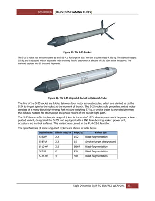 DCS WORLD [SU-25: DCS FLAMING CLIFFS]
Eagle Dynamics | AIR-TO SURFACE WEAPONS 33
Figure 39. The S-25 Rocket
The S-25-0 rocket has the same caliber as the S-25-F, a full length of 3307 mm and a launch mass of 381 kg. The warhead weights
150 kg and is equipped with an adjustable radio proximity fuse for detonation at altitudes of 5 to 20 m above the ground. The
warhead explodes into 10 thousand fragments.
Figure 40. The S-25 Unguided Rocket in its Launch Tube
The fins of the S-25 rocket are folded between four motor exhaust nozzles, which are slanted as on the
S-24 to impart spin to the rocket at the moment of launch. The S-25 rocket solid propellant rocket motor
consists of a mono-block high-energy fuel mixture weighing 97 kg. A smoke tracer is provided between
the exhaust nozzles for observation and photo-record of the rocket flight path.
The S-25 has an effective launch range of 4 km. At the end of 1973, development work began on a laser-
guided variant, designated the S-25L and equipped with a 2N1 laser-homing seeker, power unit,
actuators and control surfaces. This variant was carried in the PU-0-25-L launcher.
The specifications of some unguided rockets are shown in table below.
Unguided rocket Effective range, km Weight, kg Warhead type
S-8ОFP 2,2 15,2 Blast-fragmentation
S-8TsM 2,2 15 Smoke (target designation)
S-13-OF 2,5 68/67 Blast-fragmentation
S-24B 2 235 Blast-fragmentation
S-25-OF 4 480 Blast-fragmentation
 
