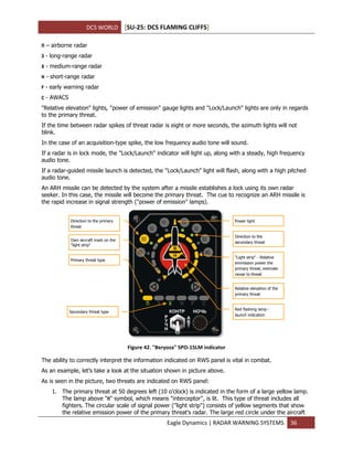 DCS WORLD [SU-25: DCS FLAMING CLIFFS]
Eagle Dynamics | RADAR WARNING SYSTEMS 36
П – airborne radar
З - long-range radar
X - medium-range radar
H - short-range radar
F - early warning radar
C - AWACS
"Relative elevation" lights, "power of emission" gauge lights and "Lock/Launch" lights are only in regards
to the primary threat.
If the time between radar spikes of threat radar is eight or more seconds, the azimuth lights will not
blink.
In the case of an acquisition-type spike, the low frequency audio tone will sound.
If a radar is in lock mode, the "Lock/Launch" indicator will light up, along with a steady, high frequency
audio tone.
If a radar-guided missile launch is detected, the "Lock/Launch" light will flash, along with a high pitched
audio tone.
An ARH missile can be detected by the system after a missile establishes a lock using its own radar
seeker. In this case, the missile will become the primary threat. The cue to recognize an ARH missile is
the rapid increase in signal strength ("power of emission" lamps).
Figure 42. "Beryoza" SPO-15LM indicator
The ability to correctly interpret the information indicated on RWS panel is vital in combat.
As an example, let’s take a look at the situation shown in picture above.
As is seen in the picture, two threats are indicated on RWS panel:
1. The primary threat at 50 degrees left (10 o’clock) is indicated in the form of a large yellow lamp.
The lamp above "П" symbol, which means "interceptor", is lit. This type of threat includes all
fighters. The circular scale of signal power ("light strip") consists of yellow segments that show
the relative emission power of the primary threat’s radar. The large red circle under the aircraft
Direction to the primary
threat
Own aircraft mark on the
"light strip"
Primary threat type
Secondary threat type
Power light
"Light strip" - Relative
emmission power the
primary threat, estimate
range to threat
Relative elevation of the
primary threat
Red flashing lamp -
launch indication
Direction to the
secondary threat
 