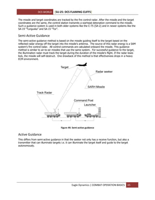 DCS WORLD [SU-25: DCS FLAMING CLIFFS]
Eagle Dynamics | COMBAT OPERATION BASICS 65
The missile and target coordinates are tracked by the fire control radar. After the missile and the target
coordinates are the same, the control station transmits a warhead detonation command to the missile.
Such a guidance system is used in both older systems like the C-75 (SA-2) and in newer systems like the
SA-19 "Tunguska" and SA-15 "Tor".
Semi-Active Guidance
The semi-active guidance method is based on the missile guiding itself to the target based on the
reflected radar energy off the target into the missile’s antenna. The source of this radar energy is a SAM
system’s fire control radar. All control commands are calculated onboard the missile. This guidance
method is similar to air-to-air missiles that use the same system. For successful guidance to the target,
the illumination radar must track the target during the duration of the missile’s flight. If the radar loses
lock, the missile will self-destruct. One drawback of this method is that effectiveness drops in a heavy
ECM environment.
Figure 49. Semi-active guidance
Active Guidance
This differs from semi-active guidance in that the seeker not only has a receive function, but also a
transmitter that can illuminate targets i.e. it can illuminate the target itself and guide to the target
autonomously.
 