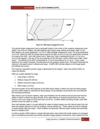 DCS WORLD [SU-25: DCS FLAMING CLIFFS]
Eagle Dynamics | COMBAT OPERATION BASICS 67
Figure 51. SAM typical engagement zone
The optimal target engagement zone is generally located in the center of the weapons employment zone
(WEZ). Like air-to-air missiles, the WEZ depends upon target range, altitude and aspect angle. In this
WEZ diagram, the areas designated "1-2-3-4-5" reflect possible engagement zones. The areas designated
"a-b-c-d-e" reflect the WEZ of a target flying towards the SAM; as you can see, this significantly increases
the range of the SAM. Each SAM system has a "dead zone" that is represented by the 1-2-3 or a-b-c
curve on the diagram. The size of this zone depends on the SAM type; modern SAMs have smaller "dead
zones." The altitude of the WEZ is designated by 3-4 (a-b) and distance by 4-5 (d-e). These mainly
depend on the missile’s energetic characteristics and the guidance system type. This border illustrates the
maximum interception point in altitude and range. A SAM’s WEZ will also depend on the target speed
and altitude and course.
The maximum acquisition and lock range is determined by the target’s radar cross section (RCS), its
range and altitude.
SAMs are usually classified by range:
 Long-range (>100 km)
 Medium-range (20-100 km)
 Medium and short-range (10-20 km)
 Short-range (<10 km)
The lower boarder of the WEZ depends on the SAM radar’s ability to detect and track low-flying targets
and the missile’s ability to intercept low-flying targets; at low altitudes, the proximity fuse may detonate
the warhead prematurely.
Many factors such as terrain masking, radar wave feedback into the antenna and ground noise limit the
ability of radars to detect low flying aircraft. If the radar antenna is located at ground level, the radio
horizon is 20 m at a range of 20 km and 150 m at 50 km. To better detect low-flying aircraft, some SAM
systems mount the radars on masts.
Even with elevated radars, it is quite difficult for radars to detect targets over the natural noises from the
earth and objects placed on it such as buildings, moving vehicles etc. These noises can lead to mistakes
in target angular data and range. These mistakes can adversely influence target tracking and eventually
lead to a dropped track.
In order to guide a SAM missile to a target intercept point, most antiaircraft missile systems are equipped
with a horizontal (by azimuth) and vertical (elevation angle) guidance mechanisms. Such systems are the
 