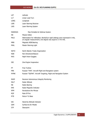 DCS WORLD [SU-25: DCS FLAMING CLIFFS]
Eagle Dynamics | SUPPLEMENTS 78
LAT Latitude
LLT Linear Lead Turn
LONG Longitude
LWR Laser Warning Receiver
LWS Laser Warning System
MANPADS Man-Portable Air Defense System
ME Mission Editor
MILS Abbreviation for milliradian; Bomb/Gun sight settings were expressed in mils,
an angular measurement; one degree was equal to 17.45 mils.
MRB Magnetic NDB Bearing
MWL Master Warning Light
NATO North Atlantic Treaty Organization
NDB Non Directional Beacon
NVG Night Vision Goggles
OEI One Engine Inoperative
PT Free Turbine
PNK Russian "ПНК". Aircraft Flight and Navigation system
PrPNK Russian "ПрПНК". Aircraft Targeting, Flight and Navigation System
RAIM Receiver Autonomous Integrity Monitoring
RALT Radar Altitude
RB Radio Bearing
RMI Radio Magnetic Indicator
RPM Revolutions Per Minute
ROF Rate Of Fire
RTB Return To Base
SAI Stand-by Attitude Indicator
SAM Surface-to-Air Missile
STP Steerpoint
 