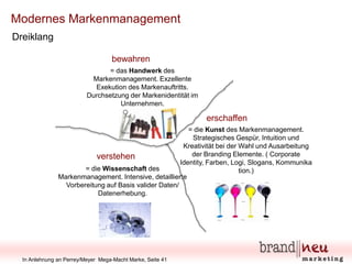 Modernes Markenmanagement
Dreiklang
bewahren
= das Handwerk des
Markenmanagement. Exzellente
Exekution des Markenauftritts.
Durchsetzung der Markenidentität im
Unternehmen.

erschaffen
= die Kunst des Markenmanagement.
Strategisches Gespür, Intuition und
Kreativität bei der Wahl und Ausarbeitung
der Branding Elemente. ( Corporate
verstehen
Identity, Farben, Logi, Slogans, Kommunika
= die Wissenschaft des
tion.)
Markenmanagement. Intensive, detaillierte
Vorbereitung auf Basis valider Daten/
Datenerhebung.

In Anlehnung an Perrey/Meyer Mega-Macht Marke, Seite 41

 