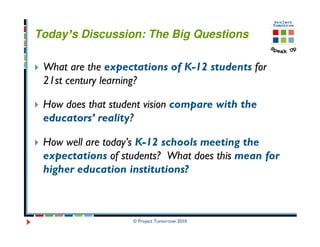 Today’s Discussion: The Big Questions

 What are the expectations of K-12 students for
 21st century learning?

 How does that student vision compare with the
 educators’ reality?

 How well are today’s K-12 schools meeting the
 expectations of students? What does this mean for
 higher education institutions?



                   © Project Tomorrow 2010
 