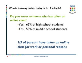 Who is learning online today in K-12 schools?


 Do you know someone who has taken an
 online class?
        Yes: 65% of high school students
        Yes: 53% of middle school students



       1/3 of parents have taken an online
       class for work or personal reasons

                     © Project Tomorrow 2010
 