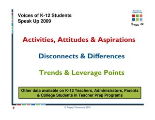 Voices of K-12 Students
Speak Up 2009



  Activities, Attitudes & Aspirations

          Disconnects & Differences

          Trends & Leverage Points

 Other data available on K-12 Teachers, Administrators, Parents
         & College Students in Teacher Prep Programs

                       © Project Tomorrow 2010
 