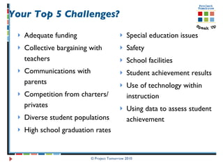 Adequate funding Collective bargaining with teachers Communications with parents Competition from charters/privates Diverse student populations High school graduation rates   Special education issues Safety School facilities Student achievement results Use of technology within instruction Using data to assess student achievement  © Project Tomorrow 2010 Your Top 5 Challenges?  