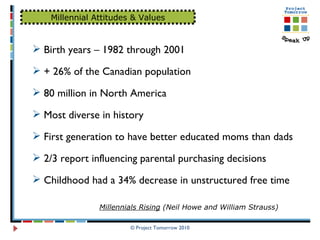 © Project Tomorrow 2010 Millennial Attitudes & Values Birth years – 1982 through 2001 + 26% of the Canadian population 80 million in North America Most diverse in history  First generation to have better educated moms than dads 2/3 report influencing parental purchasing decisions Childhood had a 34% decrease in unstructured free time Millennials Rising  (Neil Howe and William Strauss) 