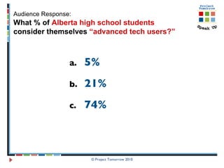 5% 21% 74% © Project Tomorrow 2010 Audience Response:   What % of  Alberta high school students   consider themselves  “advanced tech users?”   