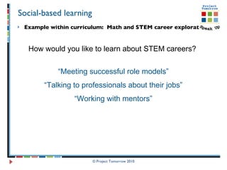 Social-based learning Example within curriculum:  Math and STEM career exploration © Project Tomorrow 2010 How would you like to learn about STEM careers?  “ Meeting successful role models” “ Talking to professionals about their jobs” “ Working with mentors” 