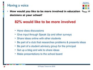 Having a voice How would you like to be more involved in education  decisions at your school?  © Project Tomorrow 2010 82% would like to be more involved Have class discussions Give input through Speak Up and other surveys Share ideas online with other students Be part of a club that researches problems & presents ideas Be part of a student advisory group for the principal  Set up a blog and wiki to share ideas Make presentations to the school board 