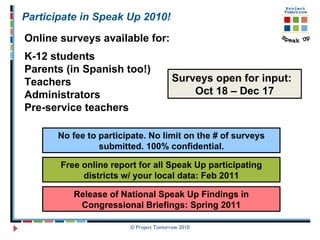 Online surveys available for: K-12 students Parents (in Spanish too!) Teachers Administrators Pre-service teachers   Surveys open for input:  Oct 18 – Dec 17 Participate in Speak Up 2010!  Free online report for all Speak Up participating districts w/ your local data: Feb 2011 Release of National Speak Up Findings in Congressional Briefings: Spring 2011 No fee to participate. No limit on the # of surveys submitted. 100% confidential. 
