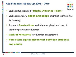 Key Findings: Speak Up 2003 – 2010 Students function as a “ Digital Advance Team ” Students regularly  adopt and adapt  emerging technologies for learning Students’  frustrations  with the unsophisticated use of  technologies within education Lack of relevancy  in education exacerbated  Persistent digital disconnect between students and adults 
