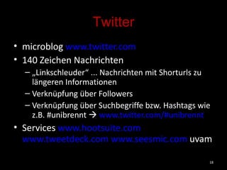 Twitter microblog  www.twitter.com 140 Zeichen Nachrichten „ Linkschleuder“ ... Nachrichten mit Shorturls zu längeren Informationen Verknüpfung über Followers Verknüpfung über Suchbegriffe bzw. Hashtags wie z.B. #unibrennt     www.twitter.com/#unibrennt   Services  www.hootsuite.com   www.tweetdeck.com   www.seesmic.com  uvam 