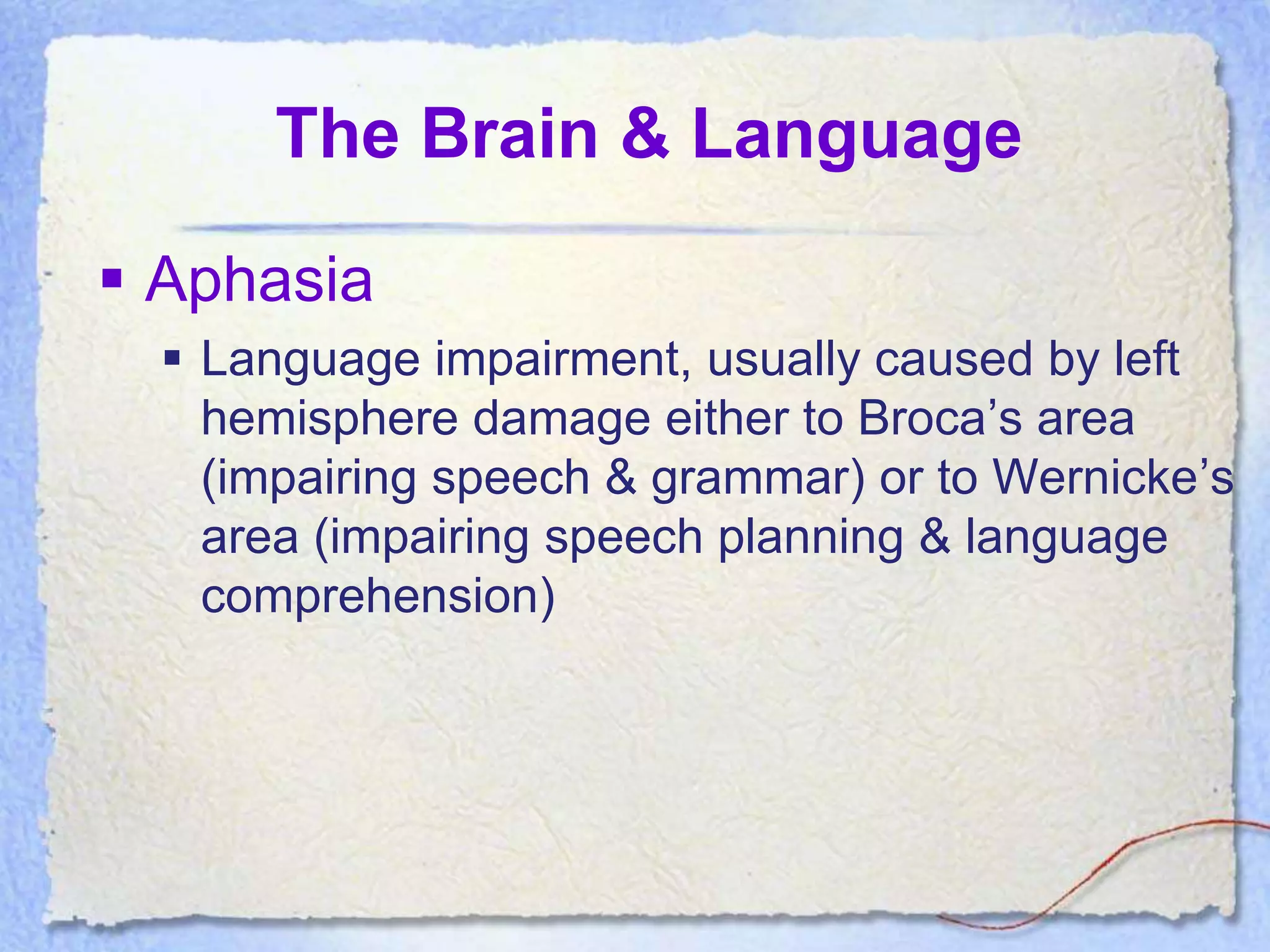 The Brain & Language

 Aphasia
   Language impairment, usually caused by left
    hemisphere damage either to Broca’s area
    (impairing speech & grammar) or to Wernicke’s
    area (impairing speech planning & language
    comprehension)
 
