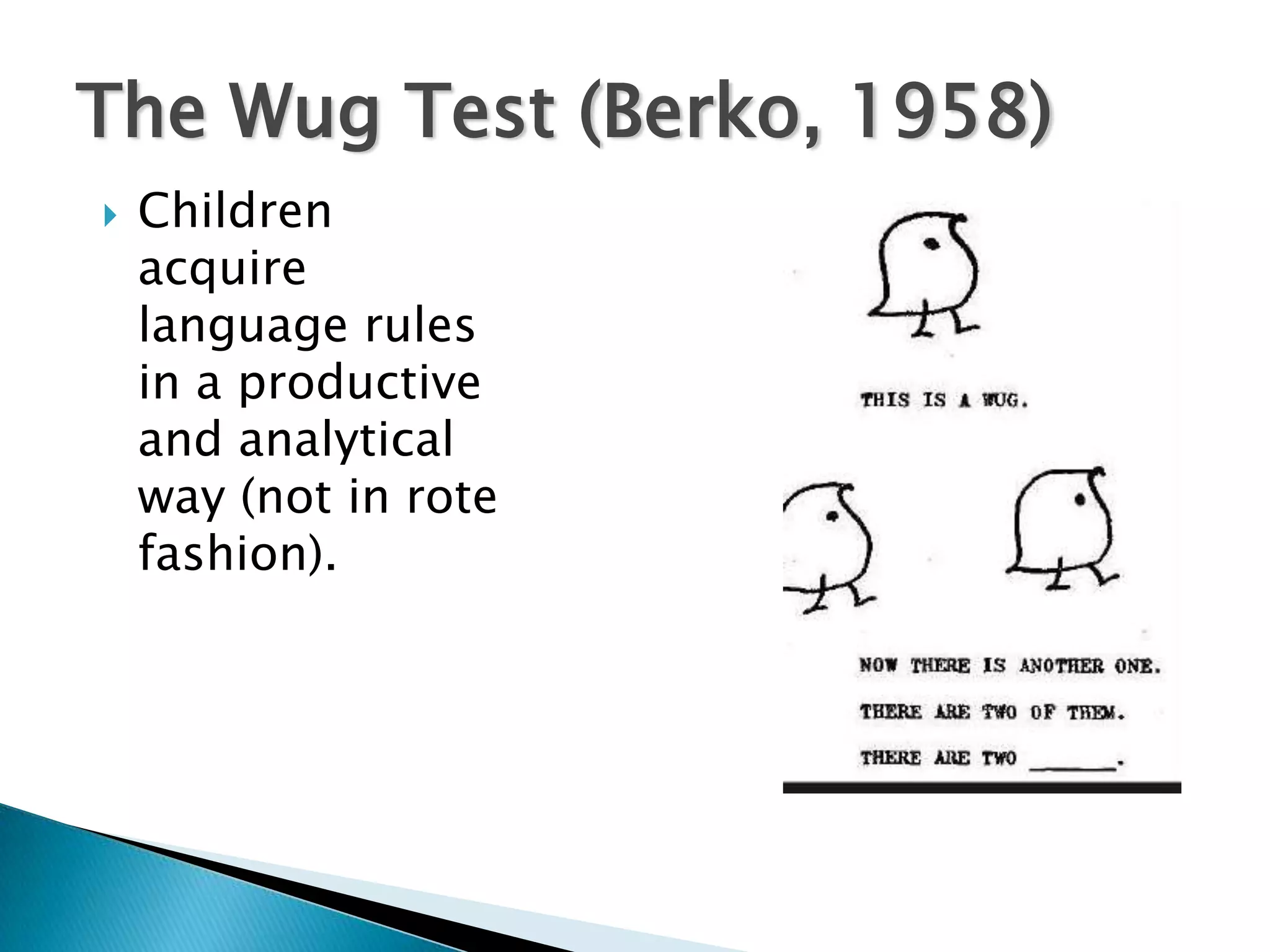 The Wug Test (Berko, 1958)
   Children
    acquire
    language rules
    in a productive
    and analytical
    way (not in rote
    fashion).
 