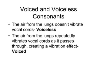 Voiced and Voiceless
          Consonants
• The air from the lungs doesn‟t vibrate
  vocal cords- Voiceless
• The air from the lungs repeatedly
  vibrates vocal cords as it passes
  through, creating a vibration effect-
  Voiced
 