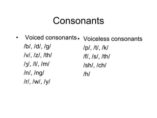 Consonants
•    Voiced consonants •   Voiceless consonants
    /b/, /d/, /g/          /p/, /t/, /k/
    /v/, /z/, /th/         /f/, /s/, /th/
    /ʒ/, /l/, /m/          /sh/, /ch/
    /n/, /ng/              /h/
    /r/, /w/, /y/
 