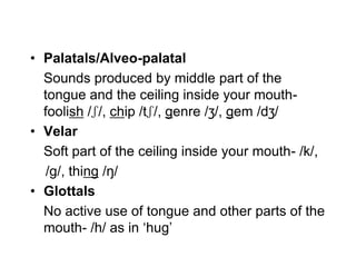 • Palatals/Alveo-palatal
  Sounds produced by middle part of the
  tongue and the ceiling inside your mouth-
  foolish /ʃ/, chip /tʃ/, genre /ʒ/, gem /dʒ/
• Velar
  Soft part of the ceiling inside your mouth- /k/,
   /g/, thing /ŋ/
• Glottals
  No active use of tongue and other parts of the
  mouth- /h/ as in „hug‟
 