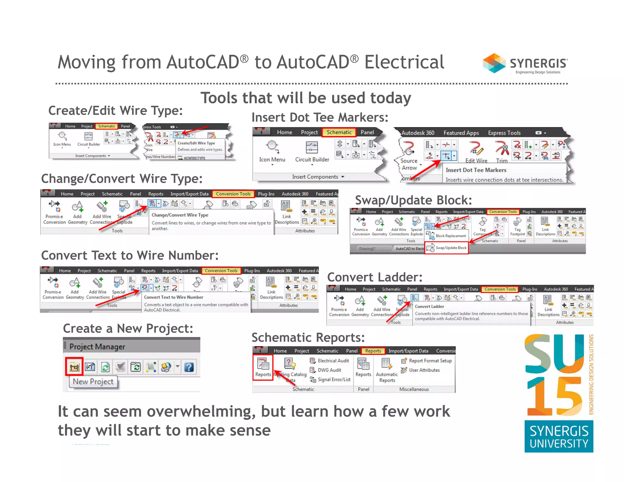 Moving from AutoCAD® to AutoCAD® Electrical
Create/Edit Wire Type:
Change/Convert Wire Type:
Tools that will be used today
Convert Text to Wire Number:
Insert Dot Tee Markers:
Convert Ladder:
Swap/Update Block:
Create a New Project:
Schematic Reports:
It can seem overwhelming, but learn how a few work
they will start to make sense
 