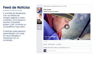 Feed de Notícias 
Introduzido em: Setembro de 2006 
É uma lista de atualização 
com as histórias de 
amigos, páginas e outras 
conexões, como grupos e 
eventos. As pessoas 
podem curtir, comentar ou 
compartilhar o que vêem. 
O feed de cada pessoa é 
personalizado com base 
em seus interesses e 
interações com os 
conteúdos. 
 
