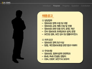 Purpose 
Progress 
Question 
Conclusion 
IntroduceSUA ISMS 
채용공고 
○담당업무 
-정보보호정책수립및이행 
-정보보호교육계획수립및진행 
-정보보호관련인증유지, 운영, 개선 
-전사정보보호프레임워크설계, 운영 
-보안성검토, 보안감사및컴플라이언스 
○자격요건 
-정보보호경력2년이상 
-망법, 개인정보보호법관련법규이해자 
○우대사항 
-정보보호, 컴퓨터공학관련학과 
-ISMS, PIMS 컨설팅경험자 
-CISA, CISSP, 보안기사보유자  