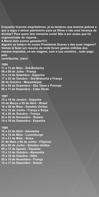 Enquanto tivemos empréstimos, já se lembrou que éramos pobres e
que a regra é deixar património para os filhos e não uma herança de
dividas? Para quem tem memória curta! Não é por acaso que foi
cognominado de viajante...
A Moral dum exímio gastador!!!!!
Alguém se lembra do nosso Presidente Soares e das suas viagens?
Vamos lá fazer um resumo de onde foram gastos milhões dos
nossos impostos, só em viagens, com a sua comitiva... tudo pago
pelo
contribuinte, claro!

1986
11 a 13 de Maio - Grã-Bretanha
06 a 09 de Julho - França
12 a 14 de Setembro - Espanha
17 a 25 de Outubro - Grã-Bretanha e França
28 de Outubro - Moçambique
05 a 08 de Dezembro - São Tomé e Príncipe
08 a 11 de Dezembro - Cabo Verde

1987
15 a 18 de Janeiro - Espanha
24 de Março a 05 de Abril - Brasil
16 a 26 de Maio - Estados Unidos
13 a 16 de Junho - França e Suíça
16 a 20 de Outubro - França
22 a 29 de Novembro - Rússia
14 a 19 de Dezembro - Espanha

1988
18 a 23 de Abril - Alemanha
16 a 18 de Maio - Luxemburgo
18 a 21 de Maio - Suíça
31 de Maio a 05 de Junho - Filipinas
05 a 08 de Junho - Estados Unidos
08 a 13 de Agosto - Equador
13 a 15 de Outubro - Alemanha
15 a 18 de Outubro - Itália
05 a 10 de Novembro - França
12 a 17 de Dezembro - Grécia
 