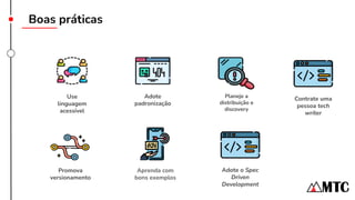 Boas práticas
Use
linguagem
acessível
Adote
padronização
Planeje a
distribuição e
discovery
Promova
versionamento
Aprenda com
bons exemplos
Adote o Spec
Driven
Development
Contrate uma
pessoa tech
writer
 