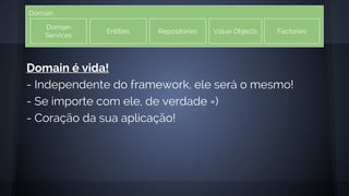 Domain
Domain
Services
Entities Repositories Value Objects Factories
Domain é vida!
- Independente do framework, ele será o mesmo!
- Se importe com ele, de verdade =)
- Coração da sua aplicação!
 