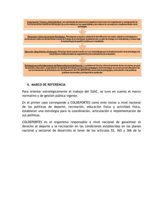 Organización Técnica y Administrativa: Las actividades de asesoría acompañaron el proceso de organización y reasignación de 
funciones de los miembros del equipo, de conformidad con su especialidad y los roles en la concepción e implementación de la 
estrategia. 
Planeación y Direccionamiento Estratégico: Plandeporte propuso y adelantó la identificación de metas, objetivos estratégicos y 
acciones por cada una de las líneas o áreas de trabajo de la estrategia, estableciendo un plan de trabajo con indicadores y metas, bajo 
la metodología de gestión pública por resultados. 
Ejecución, Seguimiento y Evaluación: El equipo del proyecto cuenta con una metodología para la implementación de la estrategia, los 
mecanismos institucionales de seguimiento y los indicadores de evaluación. 
Estrategia para el fortalecimiento del Sistema Nacional del Deporte: La asistencia Técnica, direccionamiento de las reuniones, grupos 
de estudio y discusión, organización de agendas de trabajo y promoción pedagógica de la estrategia, se construyó simultáneamente 
con la orientación de la Subdirección de Planeación de COLDEPORTES y buscando la pedagogía y articulación a las políticas 
públicas nacionales y del deporte en particular. 
4. MARCO DE REFERENCIA 
Para orientar estratégicamente el trabajo del SUAC, se tuvo en cuenta el marco 
normativo y de gestión pública vigente. 
En el primer caso corresponde a COLDEPORTES como ente rector a nivel nacional 
de las políticas de deporte, recreación, educación física y actividad física, 
establecer una estrategia para la coordinación, articulación e implementación de 
sus políticas. 
COLDEPORTES es el organismo responsable a nivel nacional de garantizar el 
derecho al deporte y la recreación en las condiciones establecidas en los planes 
nacional y sectorial de desarrollo al tenor de los artículos 52, 365 y 366 de la 
 