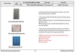 Tài liệu huấn luyện kỹ thuật tủ lạnh LG Electronics Viet Nam17
• Dàn ngưng thông thường đặt phía sau tủ lạnh. Có một số
được đặt cả phía sau và mặt bên.
• Theo phương pháp trao đổi nhiệt, người ta chia dàn ngưng
thành hai loại
 Dàn ngưng không quạt: Trao đổi nhiệt bằng phương pháp
đối lưu tụ nhiên.
 Dàn ngưng quạt gió: Trao đổi nhiệt bằng đối lưu cưỡng
bức nhờ quạt gió.
• Chức năng của dàn ngưng: Dàn ngưng là nơi môi chất ở
nhiệt độ, áp suất cao thải nhiệt ra môi trường bên ngoài tủ và
chuyển pha từ trạng thái hơi sang trạng thái lỏng.
• Chú ý: Luôn luôn giữ cho dàn ngưng ở điều kiện thông
thoáng nhất để tủ lạnh:
 Làm lạnh nhanh
Tiêu hao ít điện năng
 Giảm tiếng ồn
LGEVN / SVC Dept.
Nội
dung
Dàn ngưng ngoài dạng ống
Dàn ngưng ngoài dạng máng
Dàn ngưng trong liền vỏ
5. Các linh kiện cơ bản
5.6 Dàn nóng (Dàn ngưng tụ)
Tủ lạnh Viper
Thời gian Dec 2010
Thực hiện bởi
 