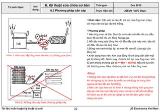 Tài liệu huấn luyện kỹ thuật tủ lạnh LG Electronics Viet Nam22
• Khái niệm: Cân cáp là việc đo trở lực của ống mao (cáp)
với máy nén sẽ lắp vào hệ thống.
• Phương pháp
1.Hàn ống mao và đầu đẩy của máy nén với đầu rắc co (đầu
đực) để có thể nối với đồng hồ nạp ga.
2.Nối dây vàng của đồng hồ với đầu đẩy của máy nén, dây đỏ
với đầu rắc-co của ống mao.
3.Đóng van xanh (thấp áp) và mở hết van đỏ (cao áp) của
đồng hồ.
4.Khởi động máy nén. Kim của đồng hồ sẽ tăng dần đến một
giá trị không đổi. Giá trị này chính là trở lực của ống mao. Với
tủ lạnh thông thường giá trị P=160 ~ 170PSI. Nếu trở lực lớn
cắt bớt ống mao. Nếu nhỏ hơn phải nôi thêm ống mao.
•Chú ý
1.Không nên cân cáp theo sơ đồ hình 2 vì hơi ẩm trong không
khí sẽ ngưng tụ lại dưới áp suất cao và đọng lại trong dàn
ngưng dẽ làm tắc ẩm hệ thống.
2.Nên cân cáp theo sơ đò hình 1 nhưng không hàn qua phin
sấy-lọc mà hàn trực tiếp ống mao với rắc co để nối với đồng
hồ tránh sai số khi phin bị nghẹt và hơi ẩm làm giảm chức
năng của phin.
LGEVN / SVC Dept.
Nội
dung
6. Kỹ thuật sửa chữa cơ bản
6.3 Phương pháp cân cáp
Hình 1: Hàn trực tiếp ống mao vào rắc co (không qua phin)
Hình 2: Không cân cáp theo phương pháp này
Tủ lạnh Viper
Thời gian Dec 2010
Thực hiện bởi
 