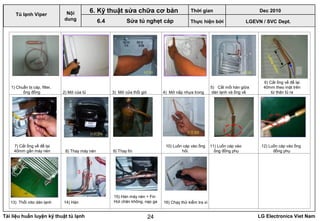 Tài liệu huấn luyện kỹ thuật tủ lạnh LG Electronics Viet Nam24
1) Chuẩn bị cáp, filter,
ống đồng 2) Mở của tủ 3) Mở cửa thổi gió 4) Mở nắp nhựa trong
13) Thổi nitơ dàn lạnh
11) Luồn cáp vào
ống đồng phụ
14) Hàn 16) Chạy thử kiểm tra xì
15) Hàn máy nén + Fin
Hút chân không, nạp ga
9) Thay fin
5) Cắt mối hàn giữa
dàn lạnh và ống về
6) Cắt ống về để lại
40mm theo mặt trên
từ thân tủ ra
7) Cắt ống về để lại
40mm gần máy nén
10) Luồn cáp vào ống
hôi.8) Thay máy nén
1
2
3
Cutting40mm
12) Luồn cáp vào ống
đồng phụ
LGEVN / SVC Dept.
Nội
dung
Tủ lạnh Viper
6. Kỹ thuật sửa chữa cơ bản
6.4 Sửa tủ nghẹt cáp
Thời gian Dec 2010
Thực hiện bởi
 
