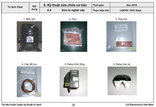 Tài liệu huấn luyện kỹ thuật tủ lạnh LG Electronics Viet Nam26
1. Máy nén 2. Phin
4. Cáp tiết lưu
3. Ống phụ
2J
5. Relay khởi động 6. Relay bảo vệ
C
Ngày thiết lập 2010/12/22
Thiết lập bởi LGEVN / SVC Dept.
Tủ lạnh Nội
dung
LGEVN / SVC Dept.
Nội
dung
Tủ lạnh Viper
6. Kỹ thuật sửa chữa cơ bản
6.4 Sửa tủ nghẹt cáp
Thời gian Dec 2010
Thực hiện bởi
 