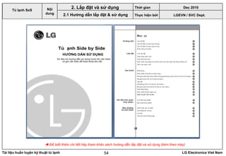 Tài liệu huấn luyện kỹ thuật tủ lạnh LG Electronics Viet Nam54
LGEVN / SVC Dept.
Nội
dung
2. Lắp đặt và sử dụng
2.1 Hướng dẫn lắp đặt & sử dụng
Tủ lạnh SxS
 Để biết thêm chi tiết hãy tham khảo sách hướng dẫn lắp đặt và sử dụng (kèm theo máy)
Thời gian Dec 2010
Thực hiện bởi
 