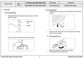 Tài liệu huấn luyện kỹ thuật tủ lạnh LG Electronics Viet Nam7
1. Tháo cửa
1.1 Cửa ngăn đông
• Tháo bản lề trên: Đóng của, tháo nắp, tháo vít, nhấc
bản lề ra ngoài
• Tháo của: Mở của 90 độ và năng lên phía trên
LGEVN / SVC Dept.
Nội
dung
3. Phương pháp tháo lắp
Cách tháo các linh kiện chính
Lắp bản lề
Vít
Bản lề
1.2 Cửa ngăn lạnh
• Tháo bản lề dưới: Đóng của, tháo bu-lông, nhấc bản lề
ra ngoài
• Tháo của: Mở của 90 độ và hạ xuống phía dưới đồng
thời kéo cửa ra ngoài.
2. Tháo công tắc của
• Dùng tô-vít dẹt đẩy công tắc cửa ra ngoài
• Tháo dây điện vào các giắc cắm
Tủ lạnh Viper
Thời gian Dec 2010
Thực hiện bởi
 