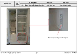 Tài liệu huấn luyện kỹ thuật tủ lạnh LG Electronics Viet Nam97
Nút chọn chức năng chứa thực phẩm
LGEVN / SVC Dept.
Nội
dung
5. Phụ lục
Tủ lạnh SxS
5.19 Ngăn bảo quản đa chức năng
Thời gian Dec 2010
Thực hiện bởi
 