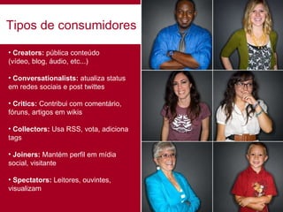 Creators:  pública conteúdo  (vídeo, blog, áudio, etc...) Conversationalists:  atualiza status em redes sociais e post twittes Critics:  Contribui com comentário,  fóruns, artigos em wikis Collectors:  Usa RSS, vota, adiciona tags Joiners:  Mantém perfil em mídia social, visitante Spectators:  Leitores, ouvintes,  visualizam Tipos de consumidores 