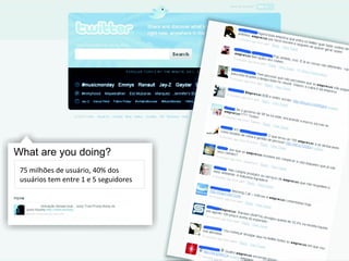 75 milhões de usuário, 40% dos  usuários tem entre 1 e 5 seguidores 44 milhões de usuários no mundo 