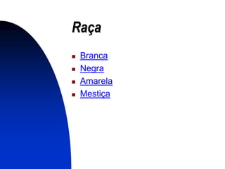 Raça
   Branca
   Negra
   Amarela
   Mestiça
 