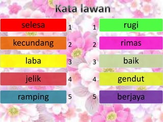 selesa
kecundang
laba
jelik
ramping
rugi
rimas
baik
gendut
berjaya
1
2
3
4
5
1
2
3
4
5
 