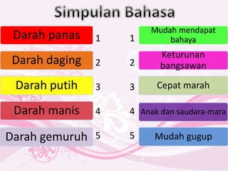 Darah panas
Darah daging
Darah putih
Darah manis
Mudah mendapat
bahaya
Keturunan
bangsawan
Cepat marah
Anak dan saudara-mara
Darah gemuruh Mudah gugup
1
2
3
4
5
1
2
3
4
5
 
