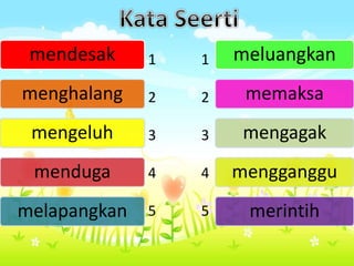 mendesak
menghalang
mengeluh
menduga
melapangkan
meluangkan
memaksa
mengagak
mengganggu
merintih
1
2
3
4
5
1
2
3
4
5
 