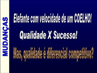 MUDANÇAS Elefante com velocidade de um COELHO! Qualidade X Sucesso! Mas, qualidade é diferencial competitivo? 